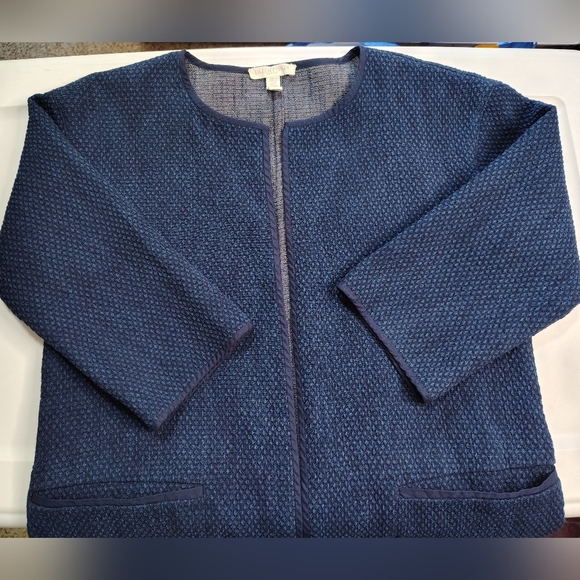 Eileen Fisher women's woven denim cardigan jacket, textured, sz 2P, oversized. - Picture 2 of 13